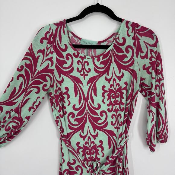 Filly Flair Tie Waist Shift Dress Size Small Mint Pink Floral 3/4 Sleeve Preppy - Picture 2 of 10